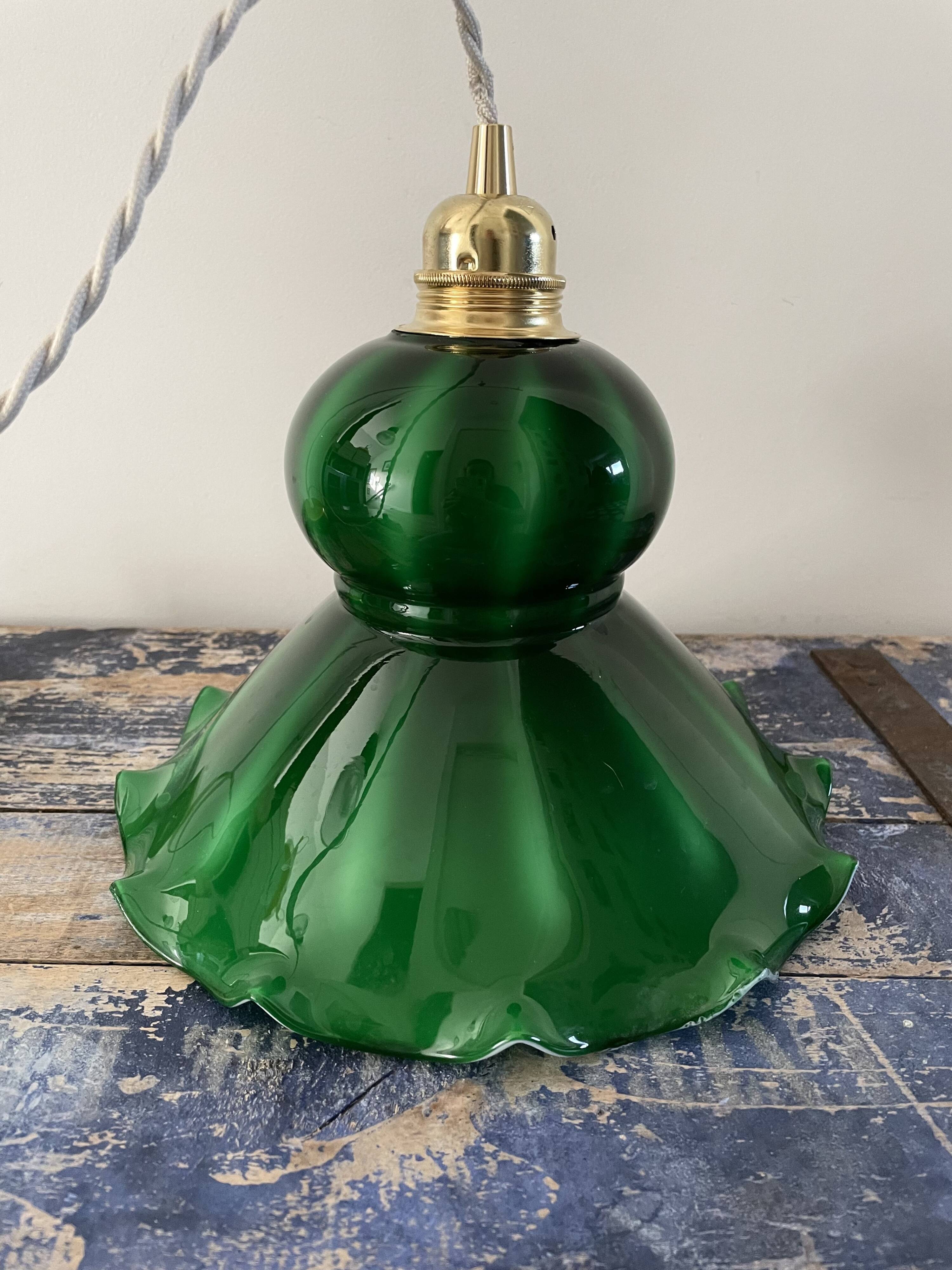 Vintage suspension lamp in marbled green opaline