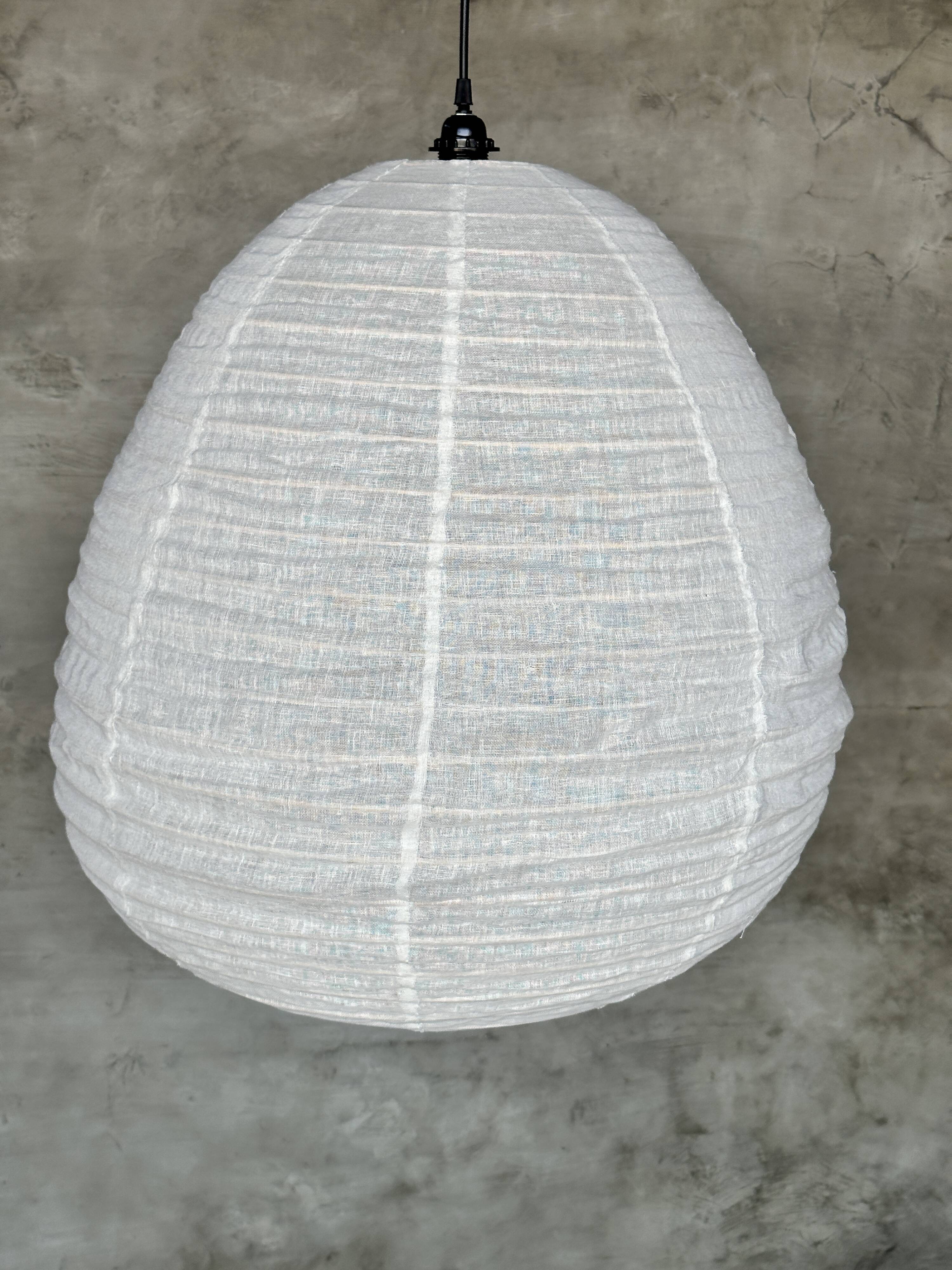 Very large Japanese-style natural rattan and linen pendant light in the shape of a drop H65 D70