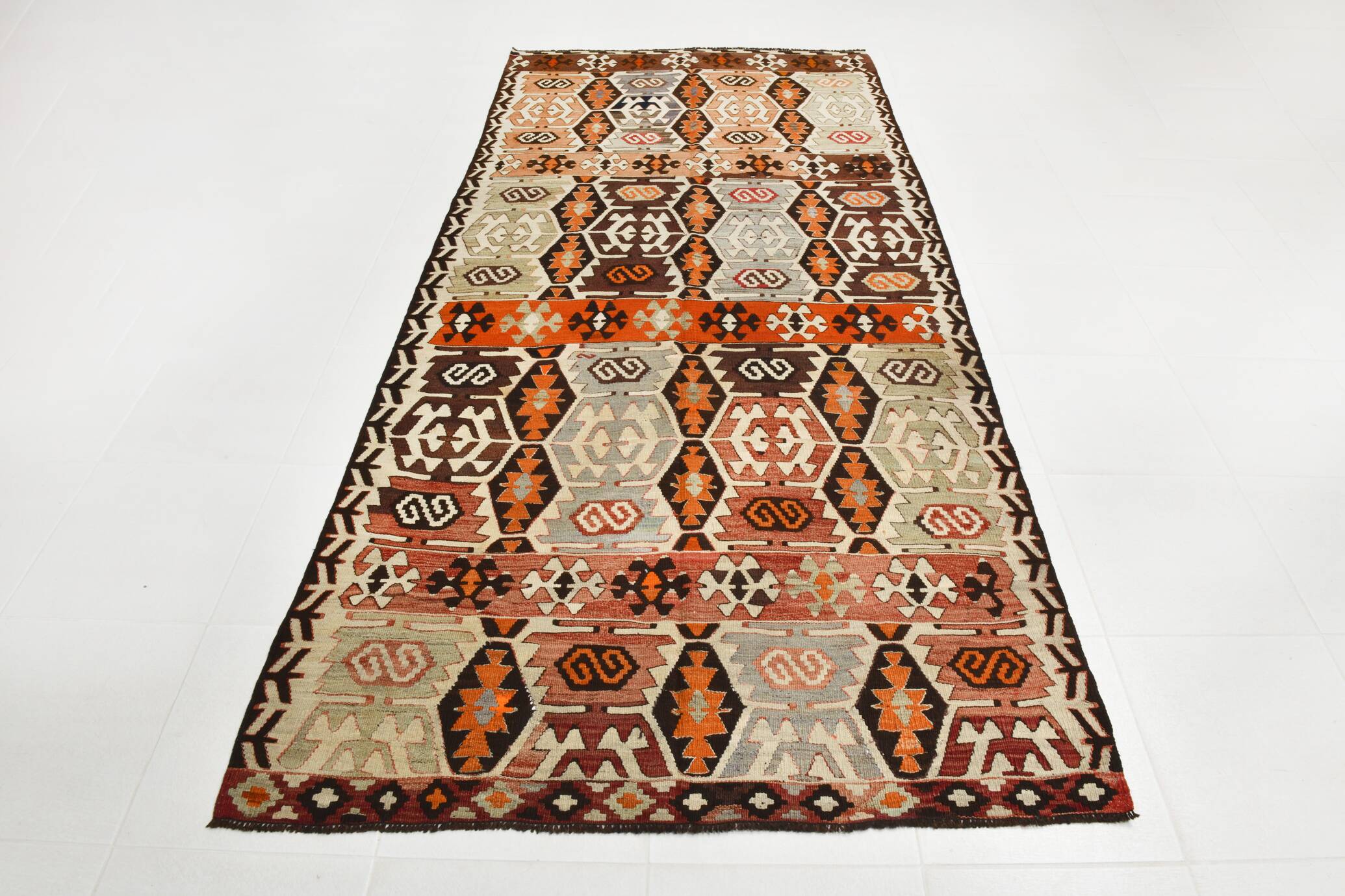 Light Green & Orange Tribal Turkish Kilim Rug, 141x305Cm
