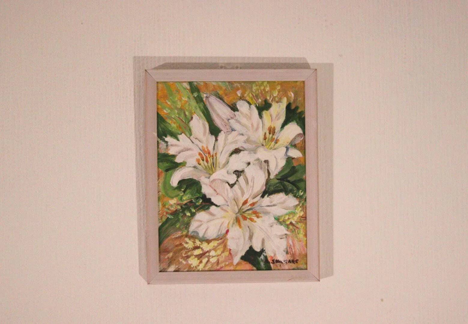 Original Swedish oil on panel from the mid-century – white lilies