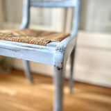 Wooden chair and seat in vintage blue straw