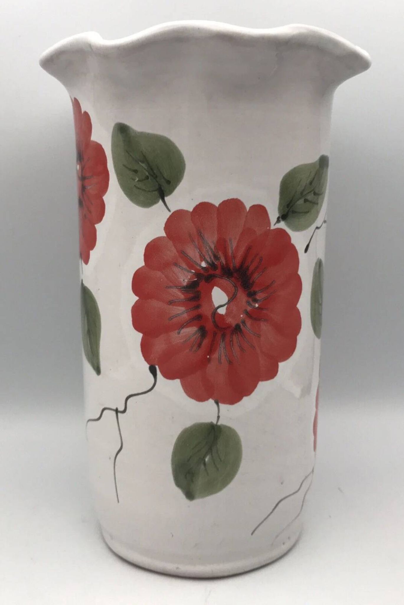 Vase, vintage glazed terracotta pottery, with signed floral decoration