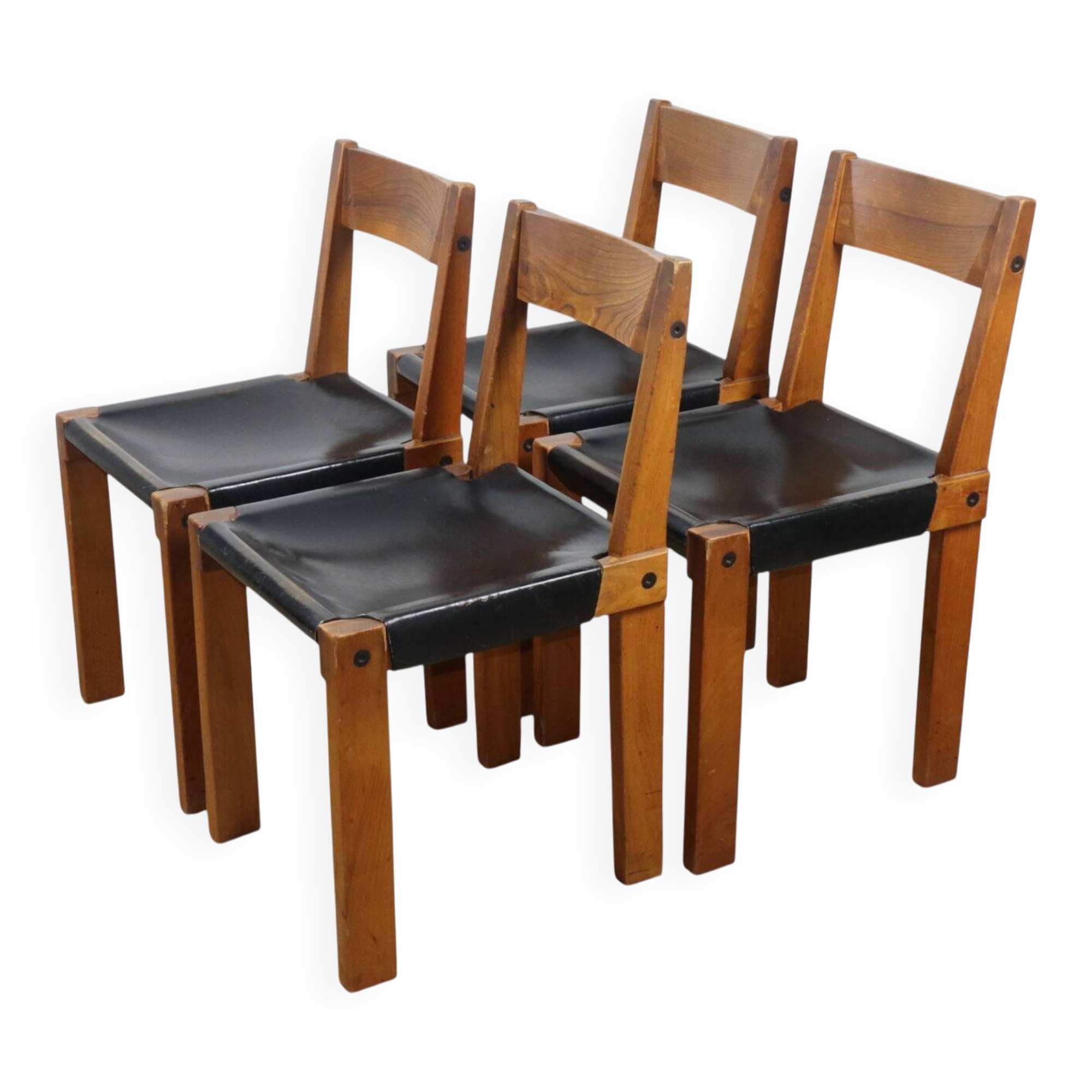 Set of 4 S24 chairs by Pierre Chapo – Solid elm and black leather – 1970