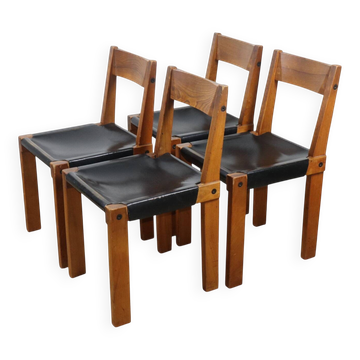 Série de 4 chaises S24 de Pierre Chapo – Orme massif et cuir noir – 1970