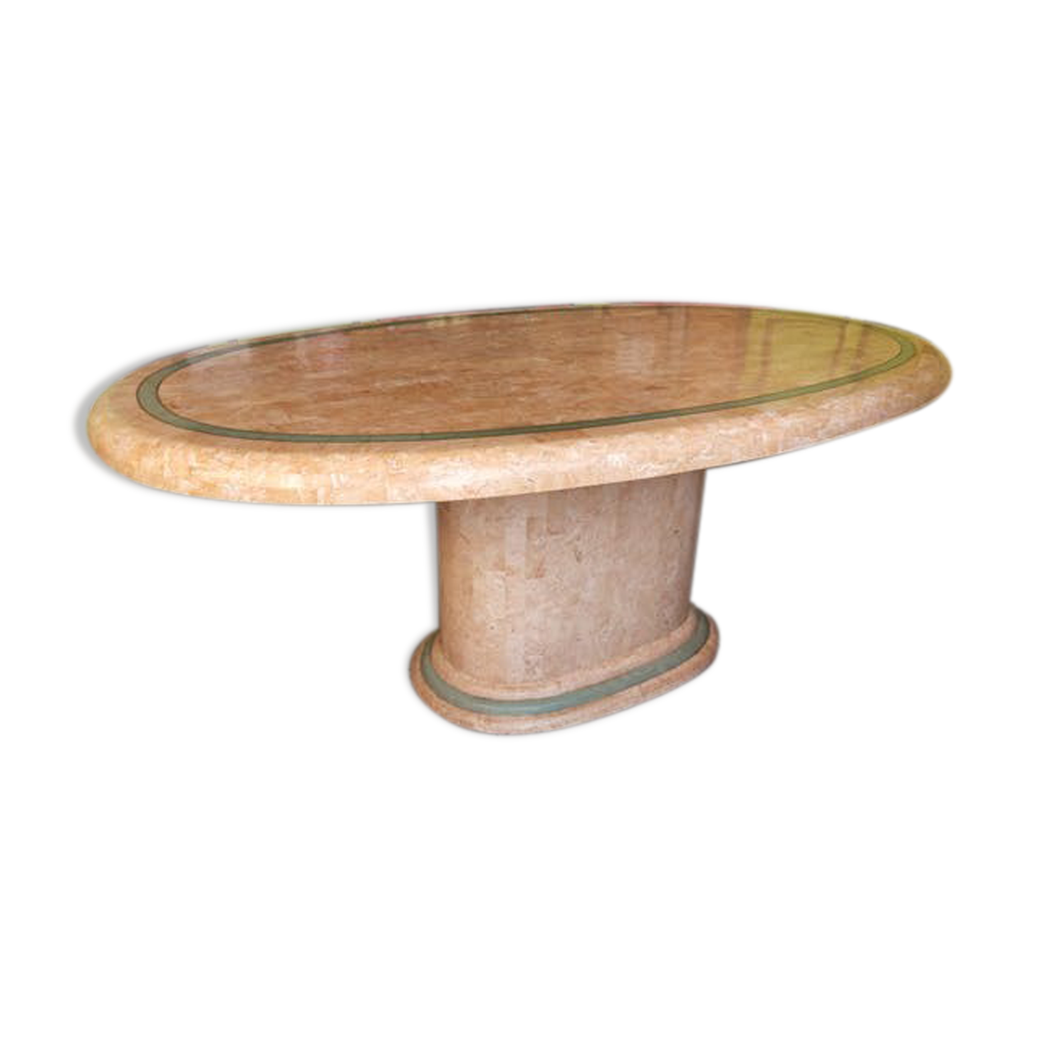 Ovoid table in pink and green travertine, circa 1975