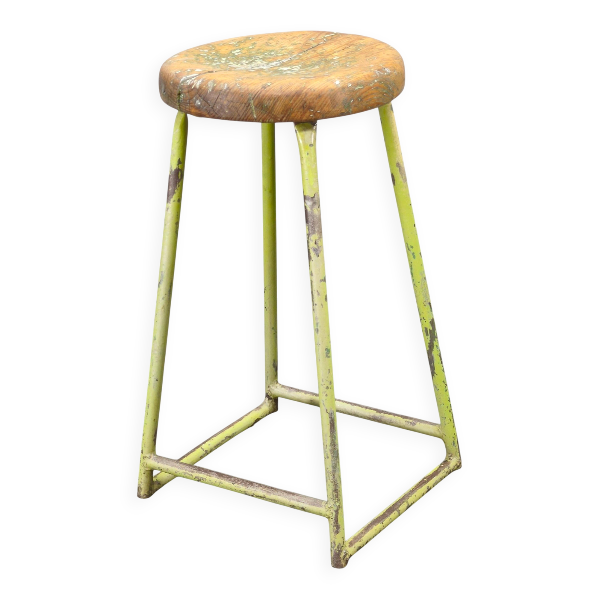 1940s Czech Industrial Stool with Pine Seat and Green Patina