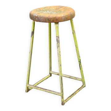 1940s Czech Industrial Stool with Pine Seat and Green Patina