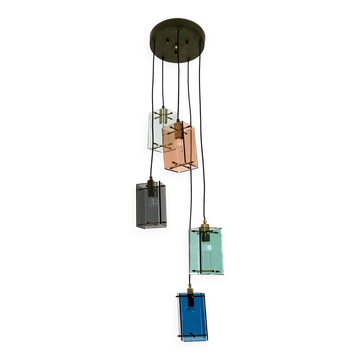 Lustre suspendu en laiton et verre coloré à cinq lampes