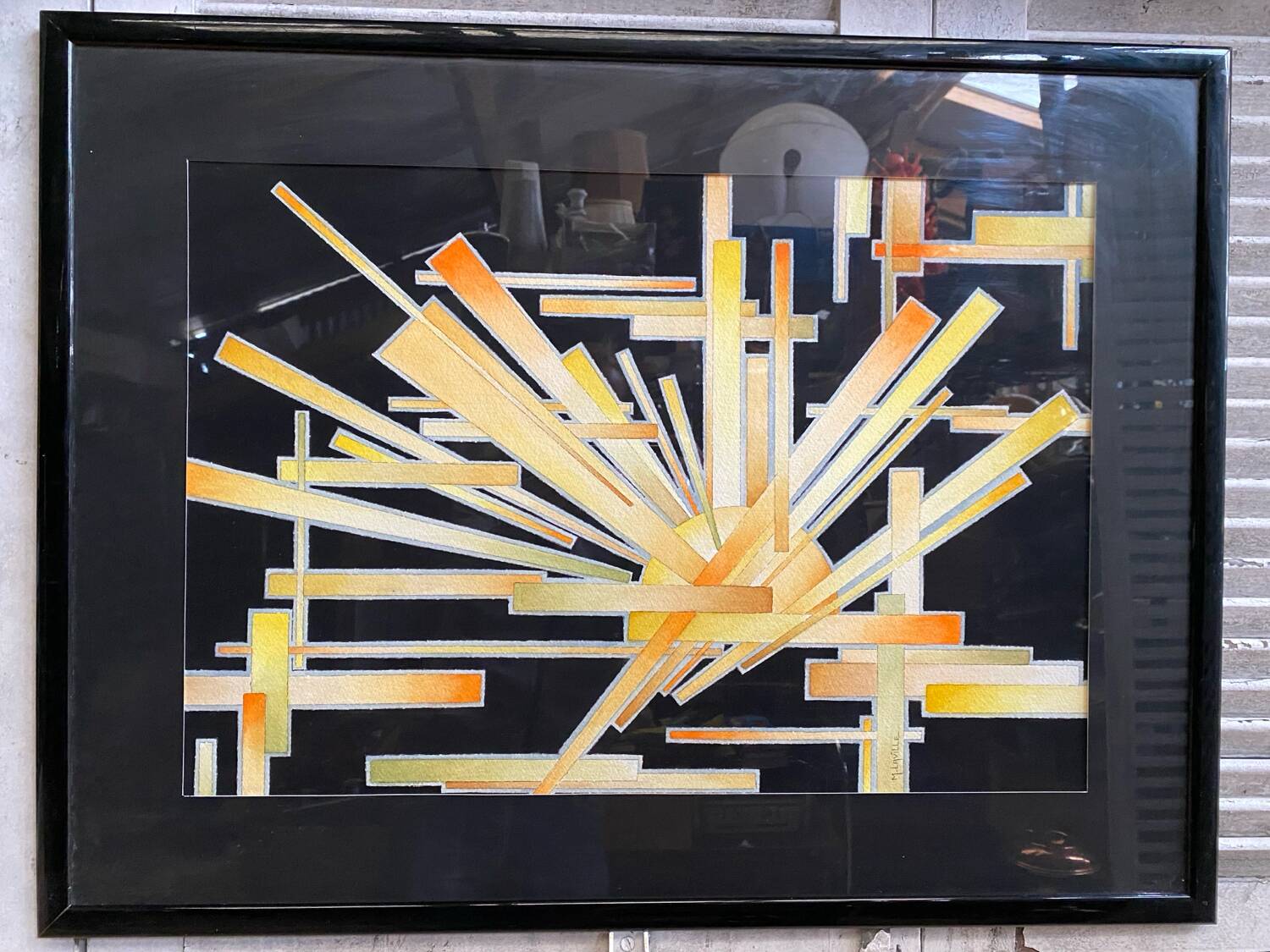 Old painting monique laville volcanic eruption + black wood frame