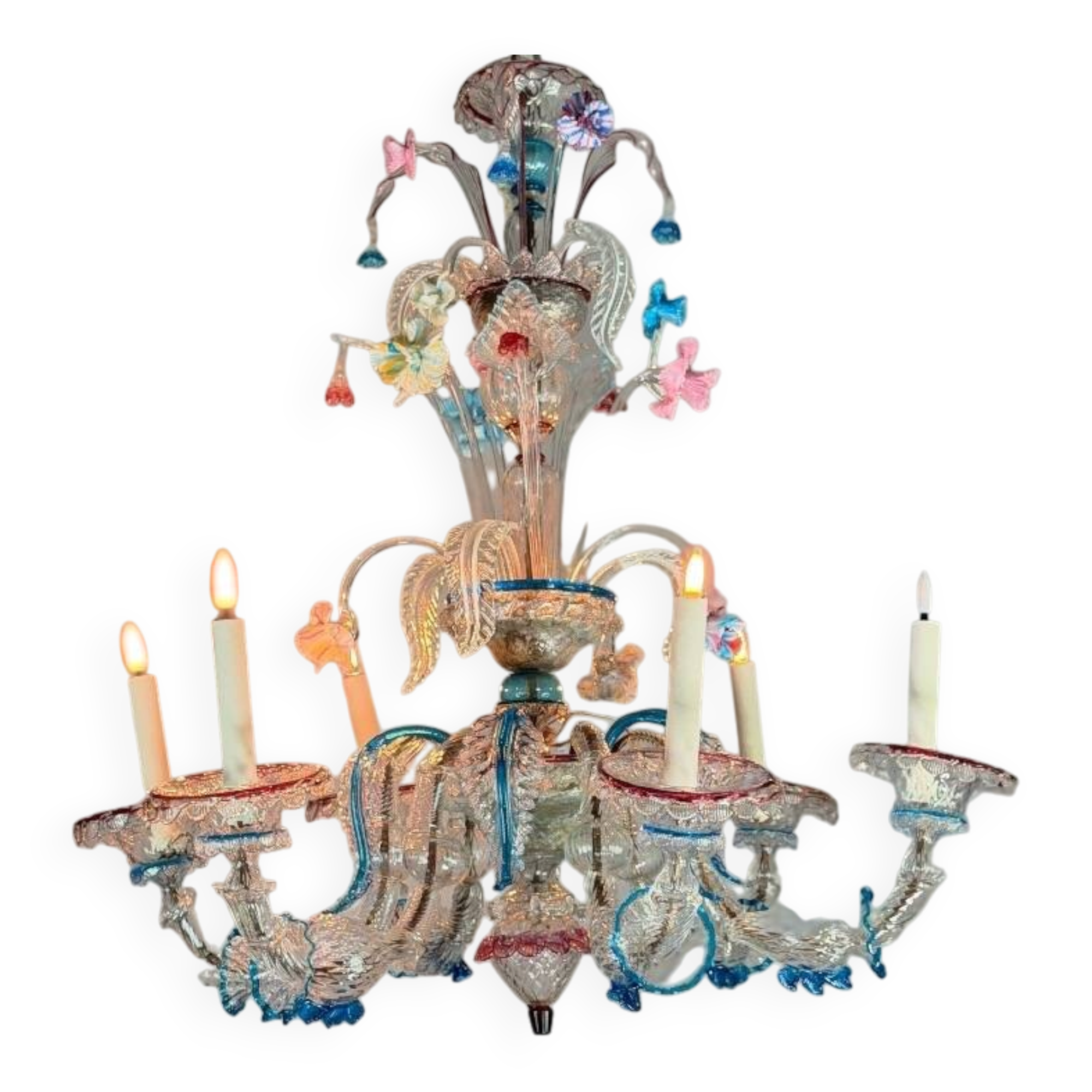 Venetian Rezzonico chandelier in multicoloured Murano glass circa 1900