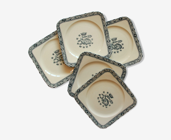 Lot de 5 assiettes plates carrées anciennes terre de fer Salins modèle François 1er bleu