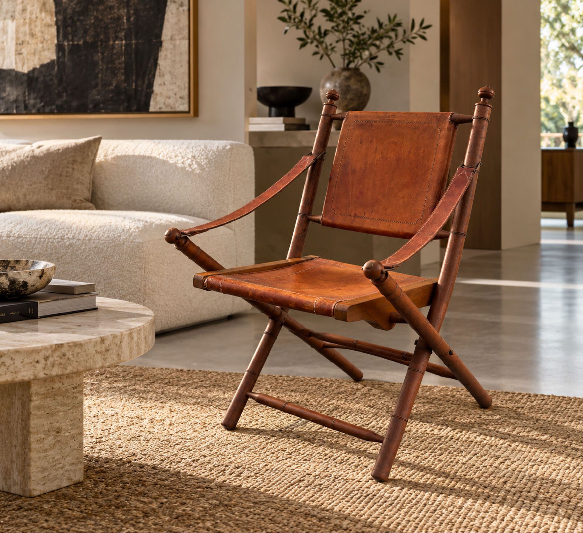 Vintage Safari Armchair in Cognac Leather and Turned Wood – 1940s/50s