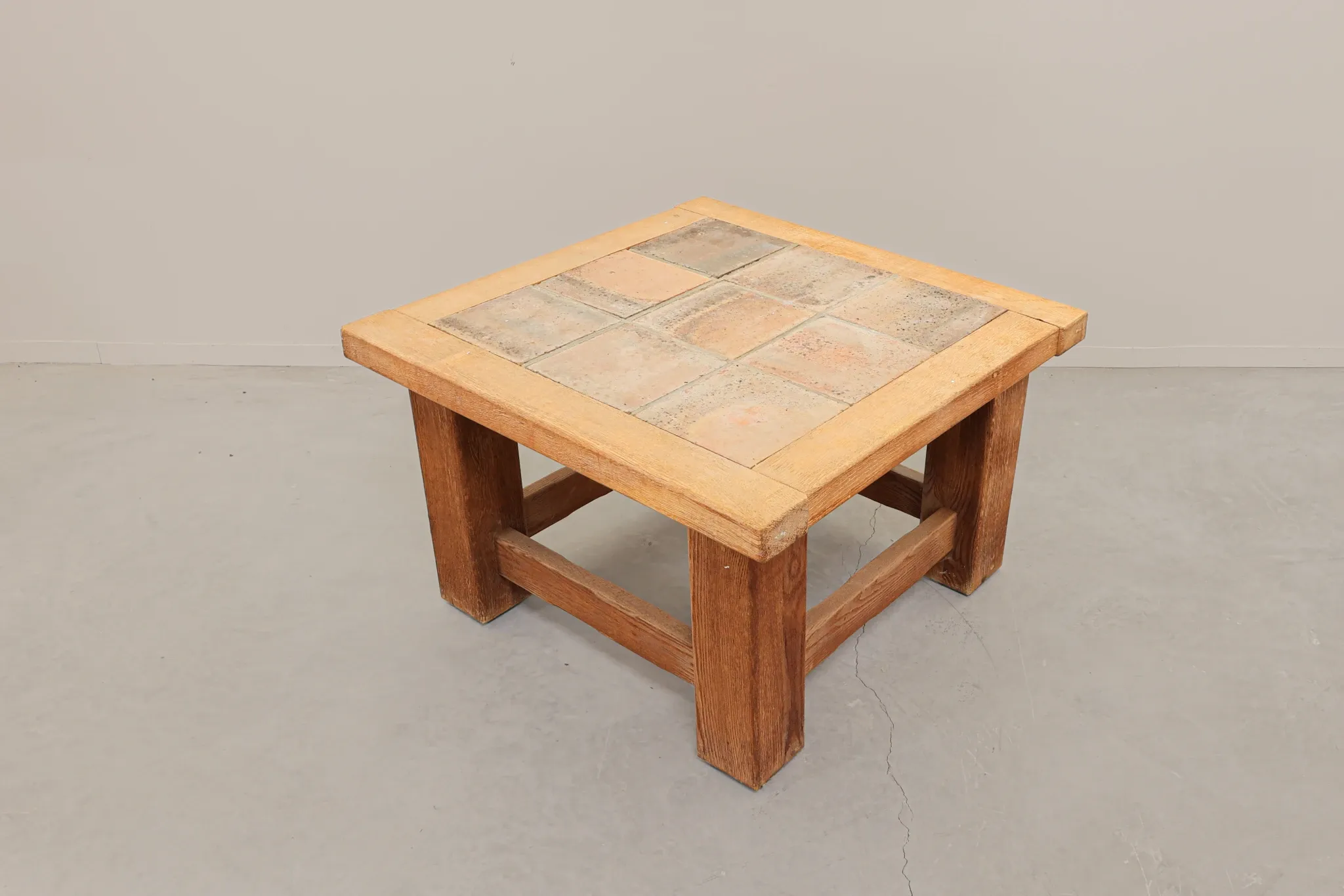 Brutalist Oak Coffee Table with Red Terracotta Tiles, 1950s