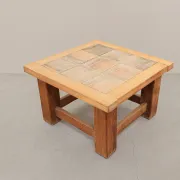 Brutalist Oak Coffee Table with Red Terracotta Tiles, 1950s
