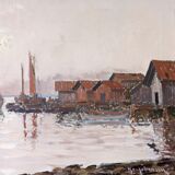 Mid-Century Modern Swedish "Coastal Sunset" Vintage Seascape Oil Painting, Framed