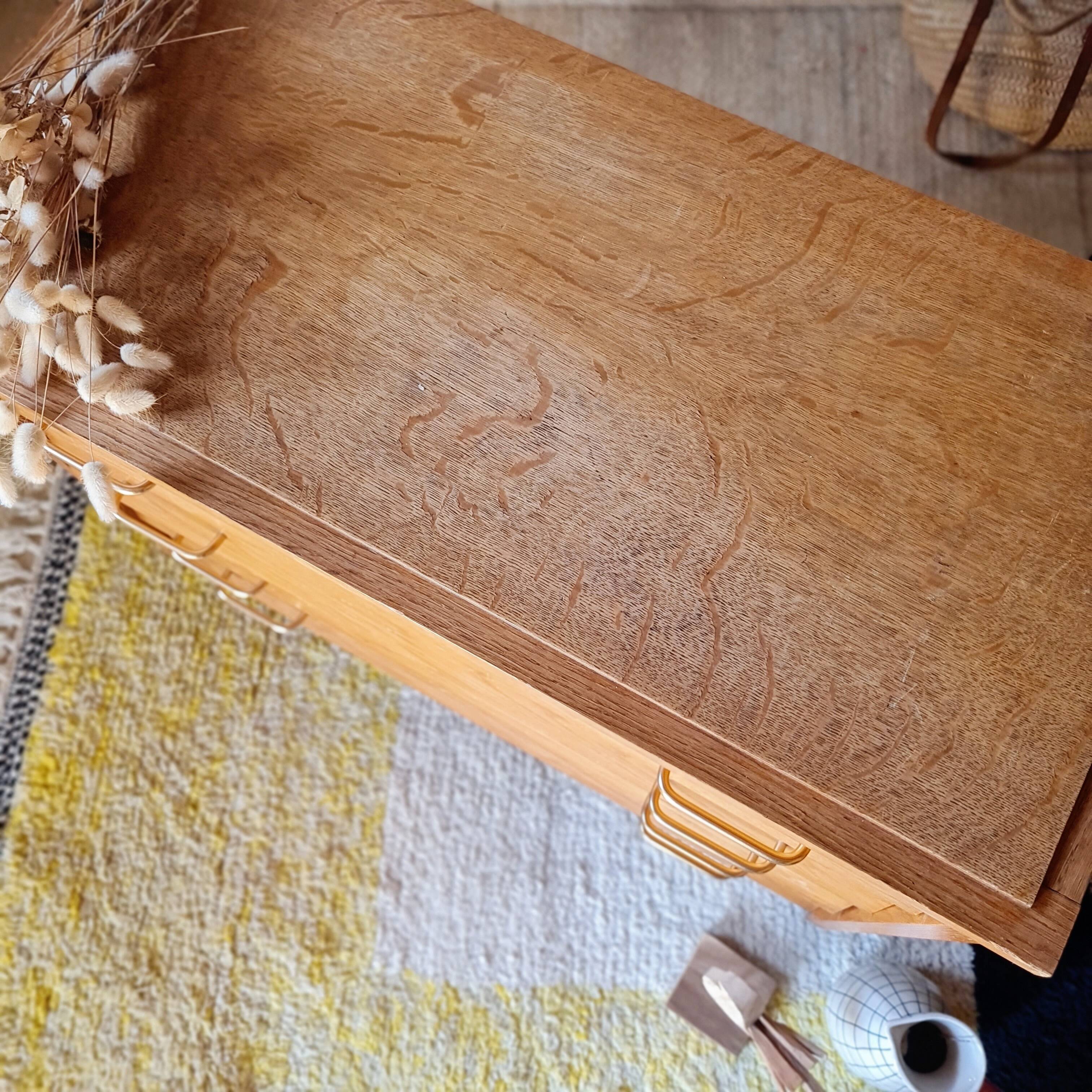 Commode Vintage Années 60 en Chêne – 4 Tiroirs Pieds compas