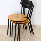 Set of 3 Italian mid-century chairs in black steel frame and natural wood seats - stackable, 1970s