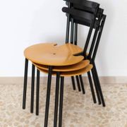 Set of 3 Italian mid-century chairs in black steel frame and natural wood seats - stackable, 1970s