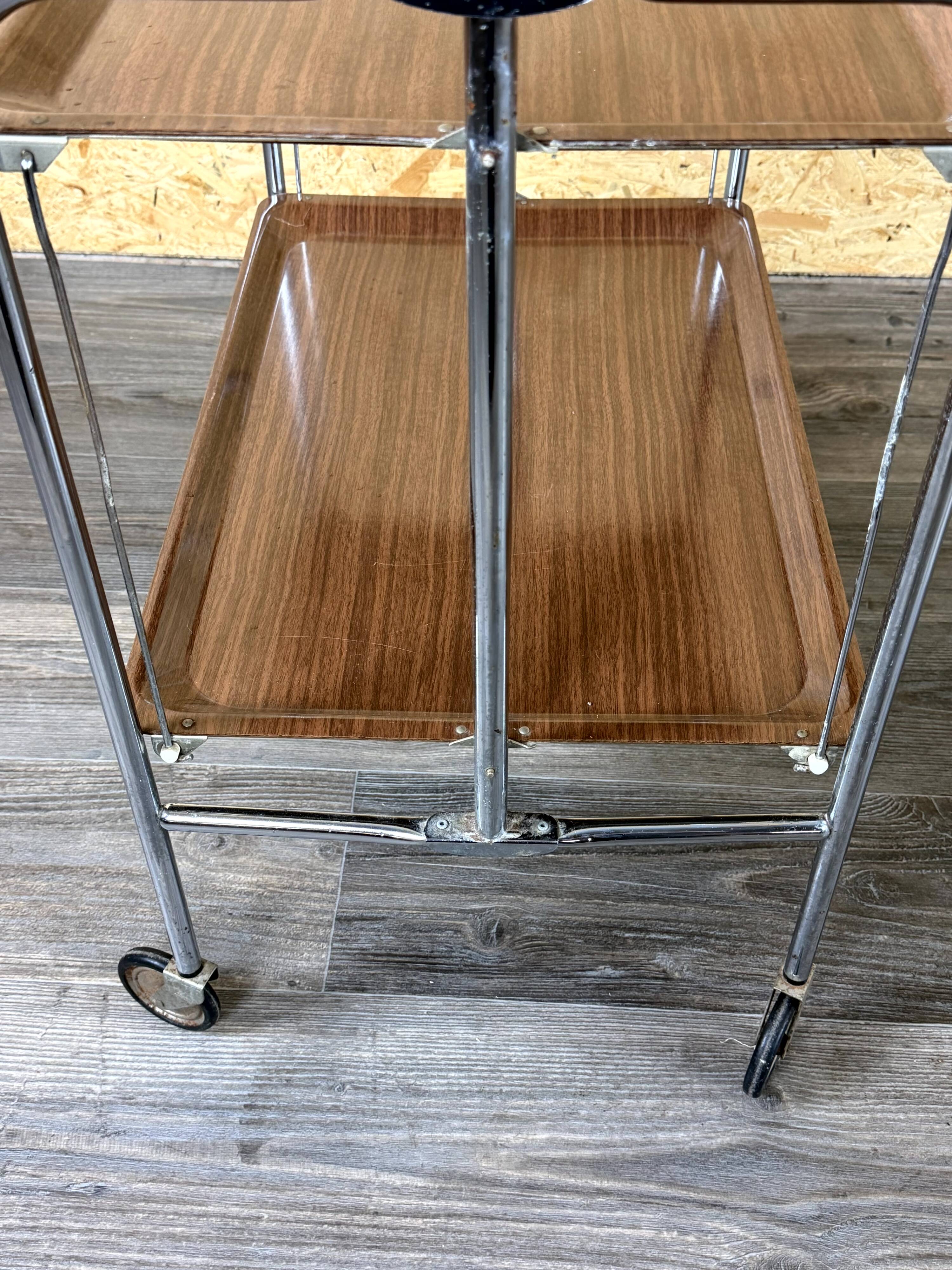 1960s 1970s Serving Cart Dinette Side Table Space Age Design Chrome Brown