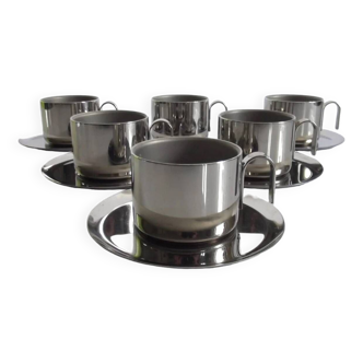 Set of 6 stainless steel cups with saucers, Guido Bergna, Italy, 1970s