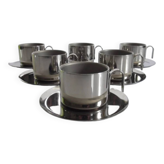 Set de 6 tasses avec soucoupes en inox, Guido Bergna, Italie, 1970s