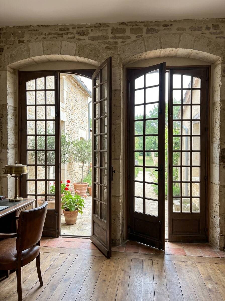Two pairs of solid oak doors with small panes.