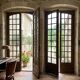 Two pairs of solid oak doors with small panes.