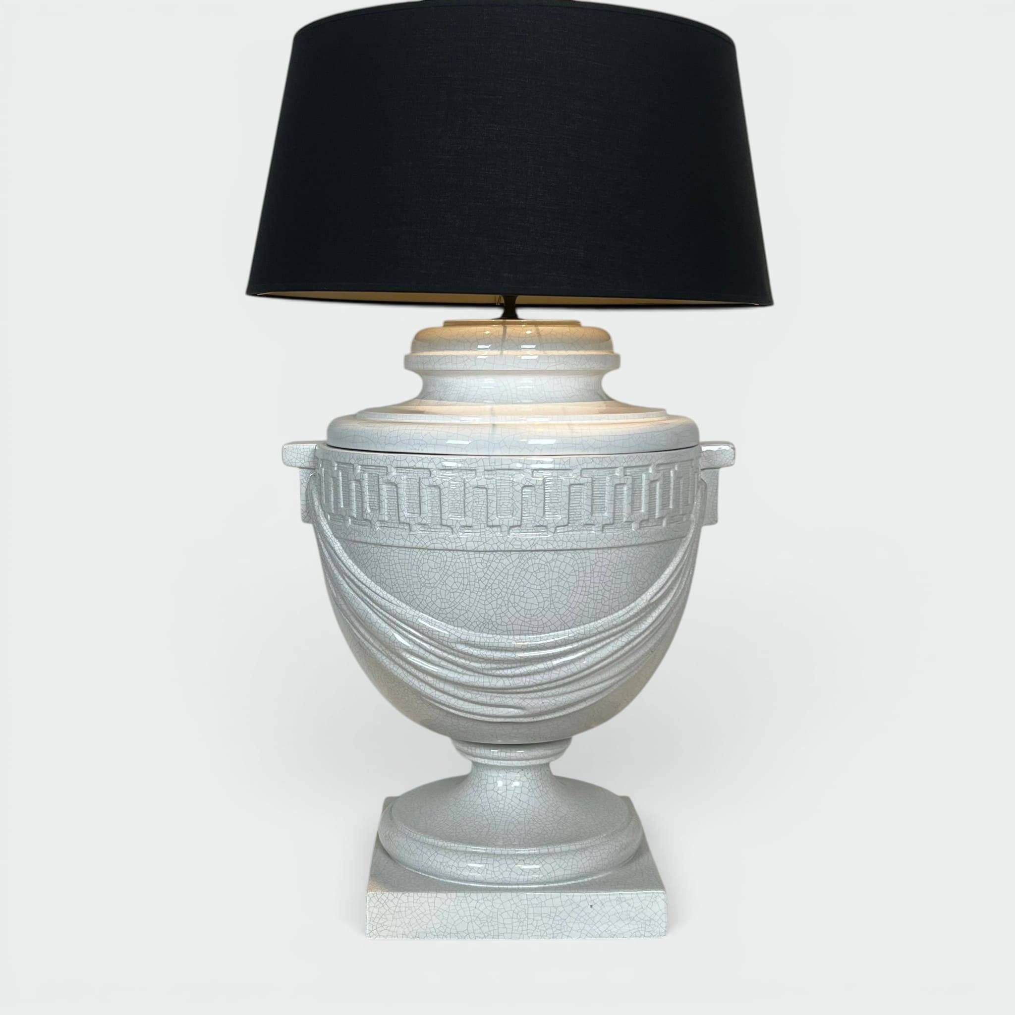 Large White Crackled Ceramic Urn Lamp with Drapery and Greek Frieze.