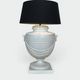 Large White Crackled Ceramic Urn Lamp with Drapery and Greek Frieze.