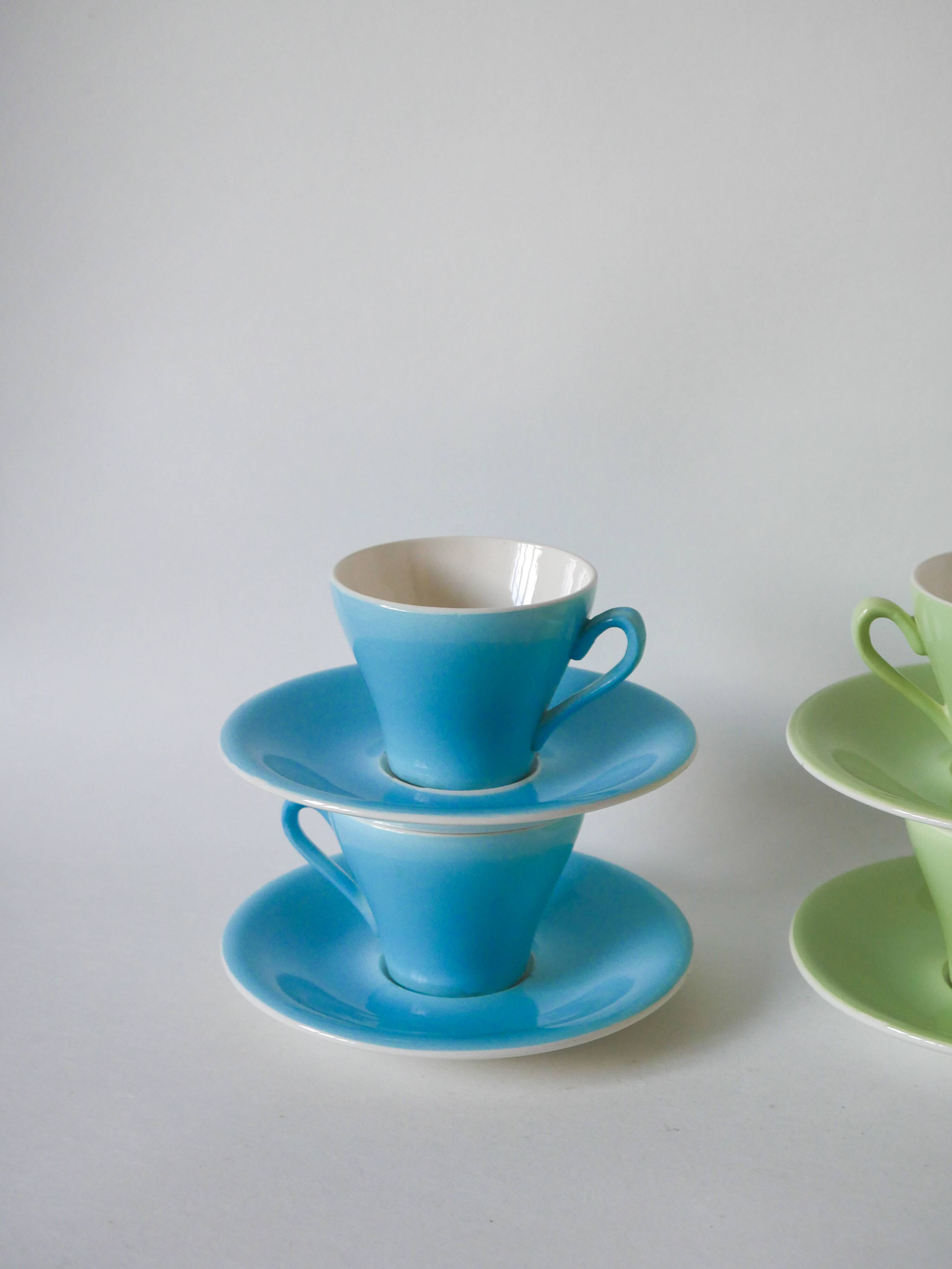 set of 4 pastel green and blue coffee cups 1950