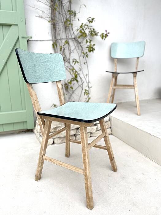 Set of 2 wooden and water green Formica chairs