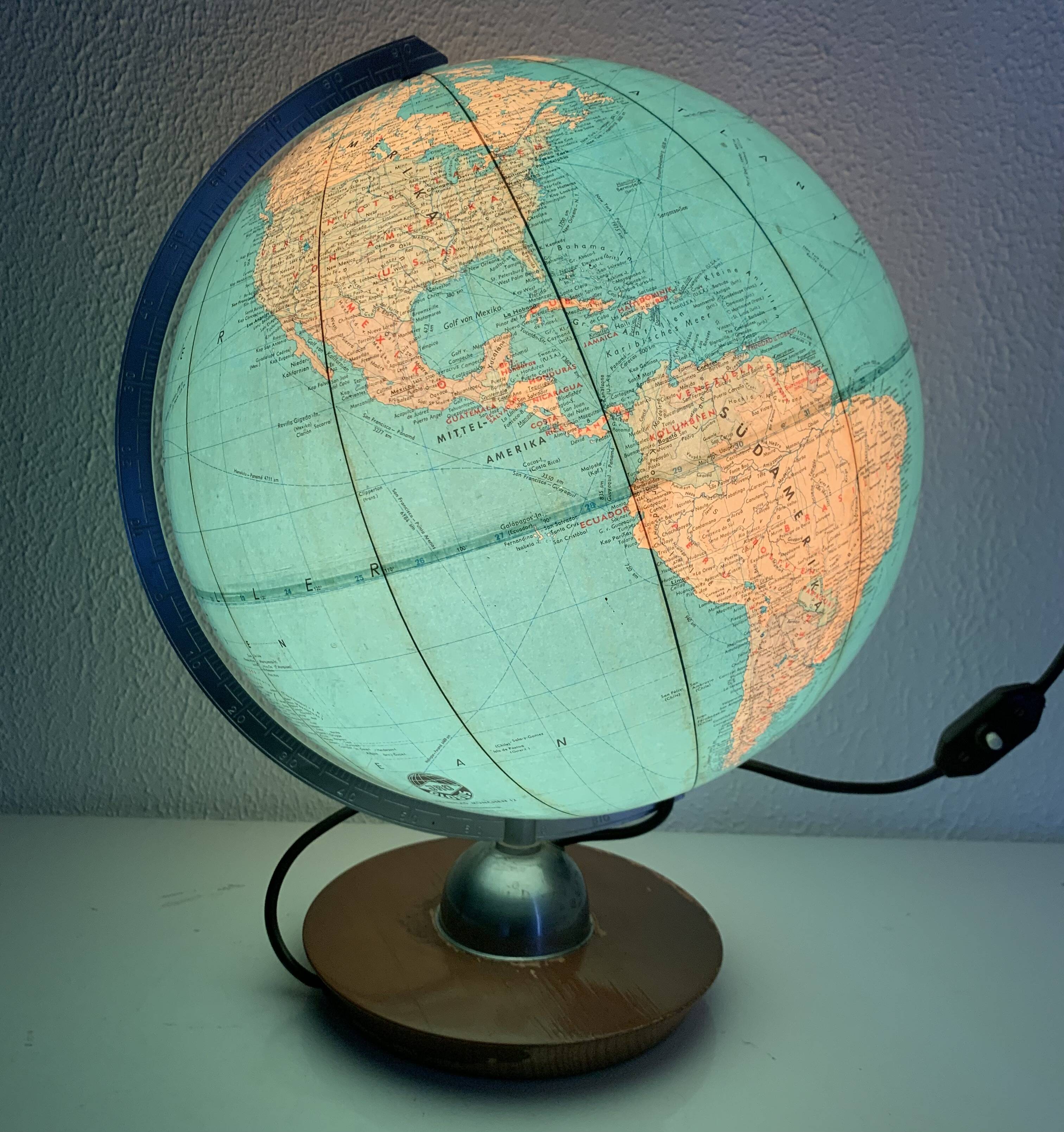 Vintage 1960 terrestrial globe JRO Verlag wood PVC world map - 43 cm