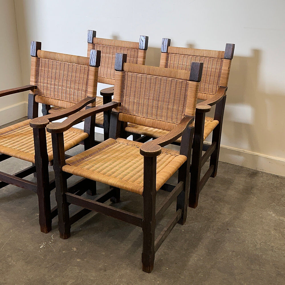 Pair of custom made oak and rattan armchairs, France, 1940s