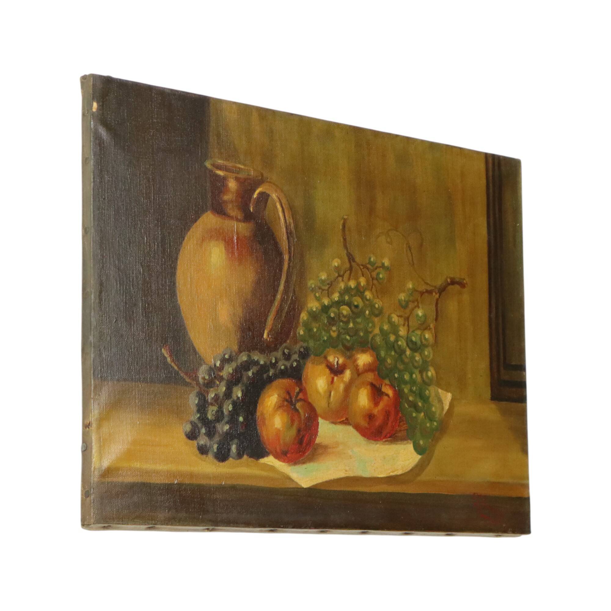 Still Life Fruit with a Jug Oil on Canvas Painting Signed