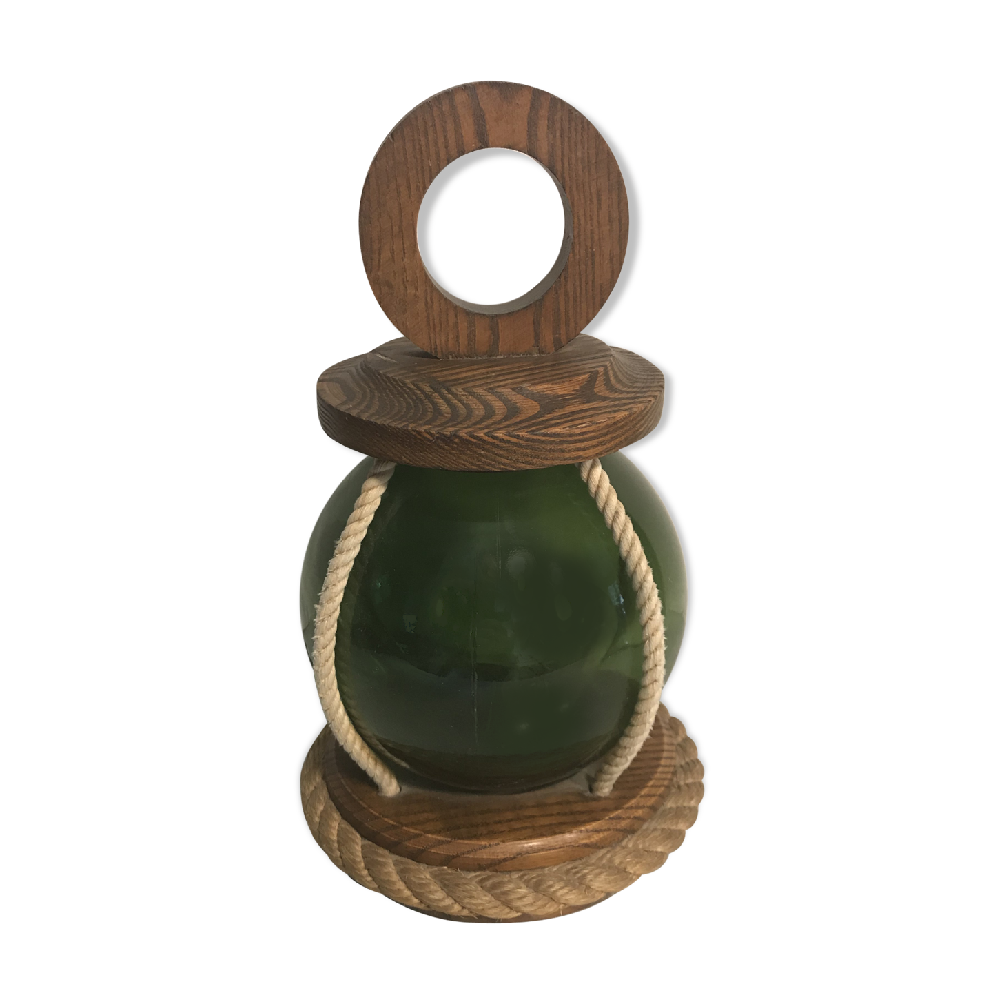 Vintage marine style lamp wood and string with green glass ball reflector