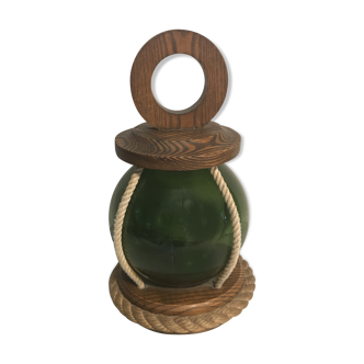 Ancienne lampe style marine bois & corde avec réflecteur boule verre vert vintage