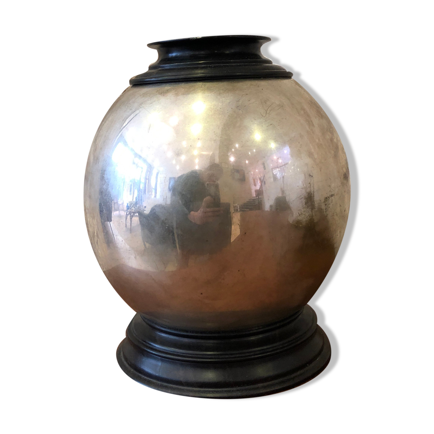 Nickel-plated metal and ebony vase