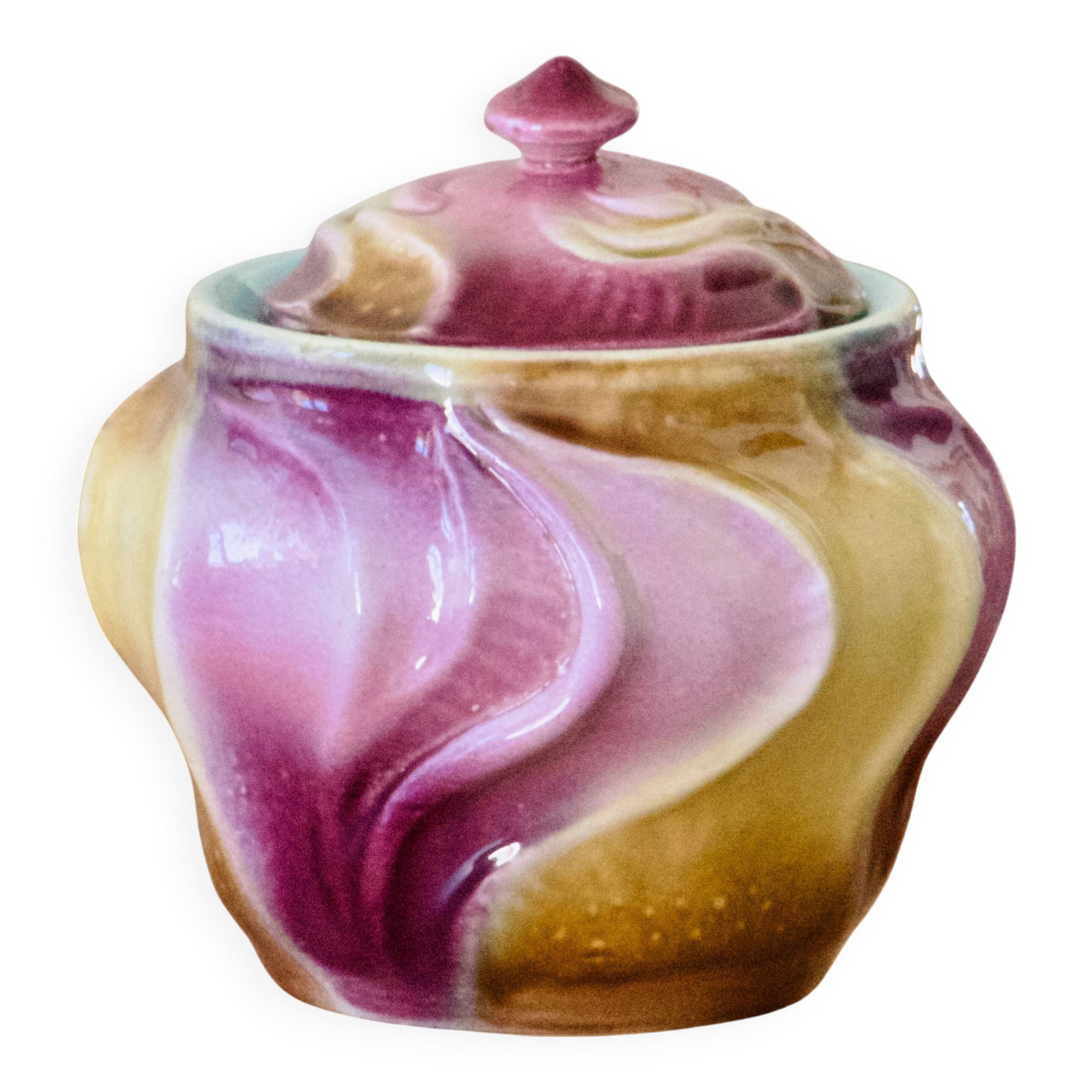 Antique tobacco pot from the Art Nouveau period signed Sarreguemines, in majolica.