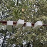 Scandinavian chandelier, brass, precious wood, 4 lights, shuttle 102 x 35 x 9 cm