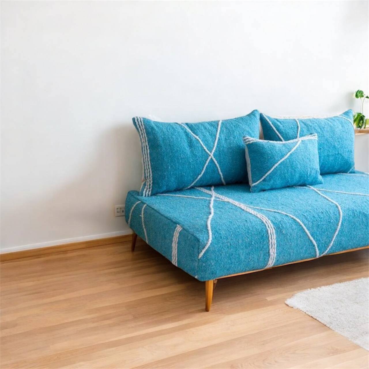 Sky Serenity – Moroccan Znafi Floor Lounge in Sky Blue - Handwoven Bejaad