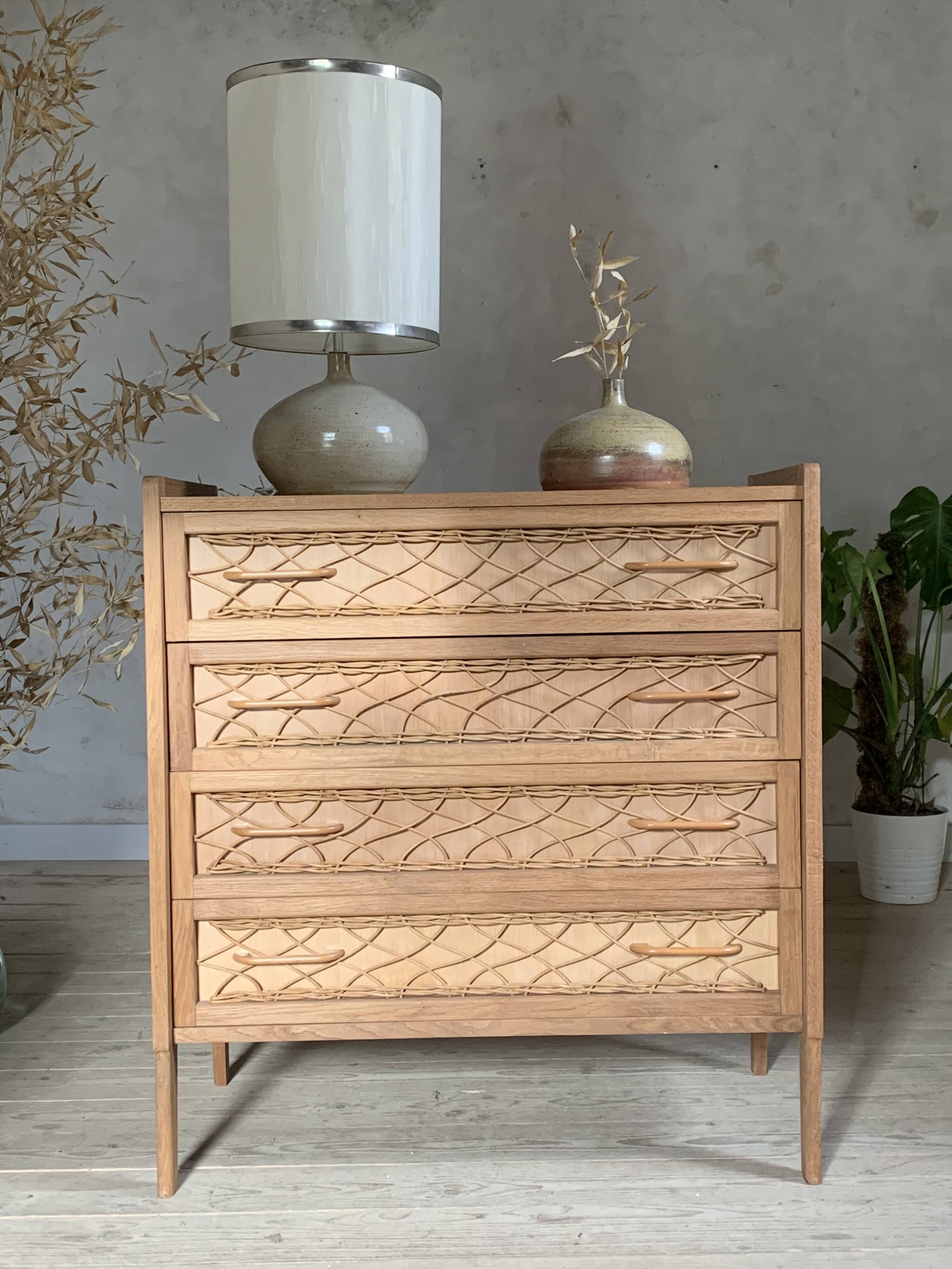 Commode vintage en chêne et rotin