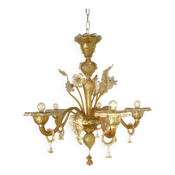 Venetian Murano-Style Chandelier in Transparent and Amber Glass with Flower