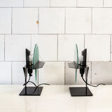 Pair of postmodern lamps with iron structure and lampshade in satin glass Italy 80s