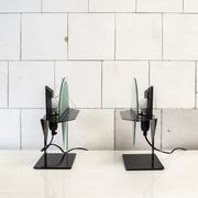 Pair of postmodern lamps with iron structure and lampshade in satin glass Italy 80s