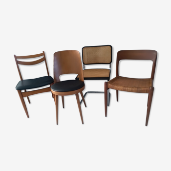 Suite de 4 chaises vintage dépareillées Marcel Breuer, Niels Otto Miller, Baumann Mondor et Samcom