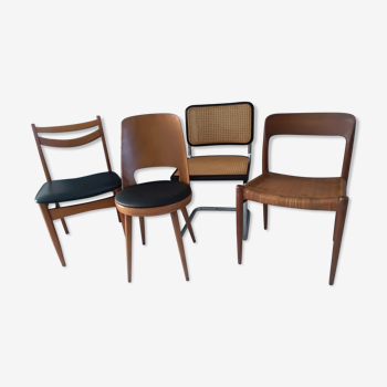 Suite of 4 mismatched vintage chairs Marcel Breuer, niels Otto Miller, Baumann Mondor and Samcom