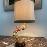 Lamp, Capodimonte, porcelain flowers, polychrome, brass leaves, cherry marble base, lampshade