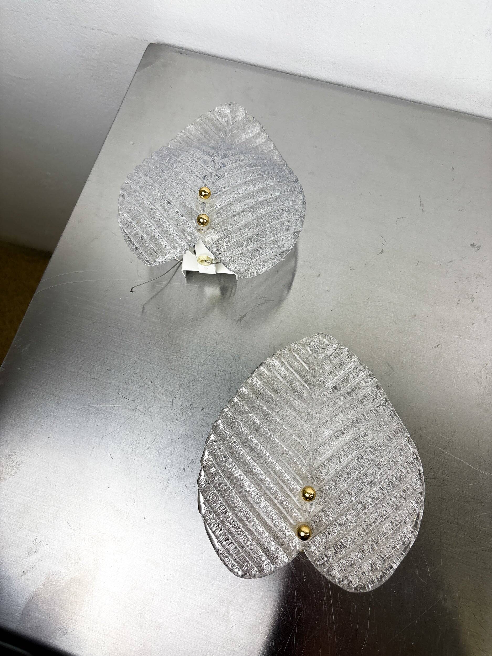 Pair of Murano frosted leaf sconces, textured glass & gilt details, Italy, 1970