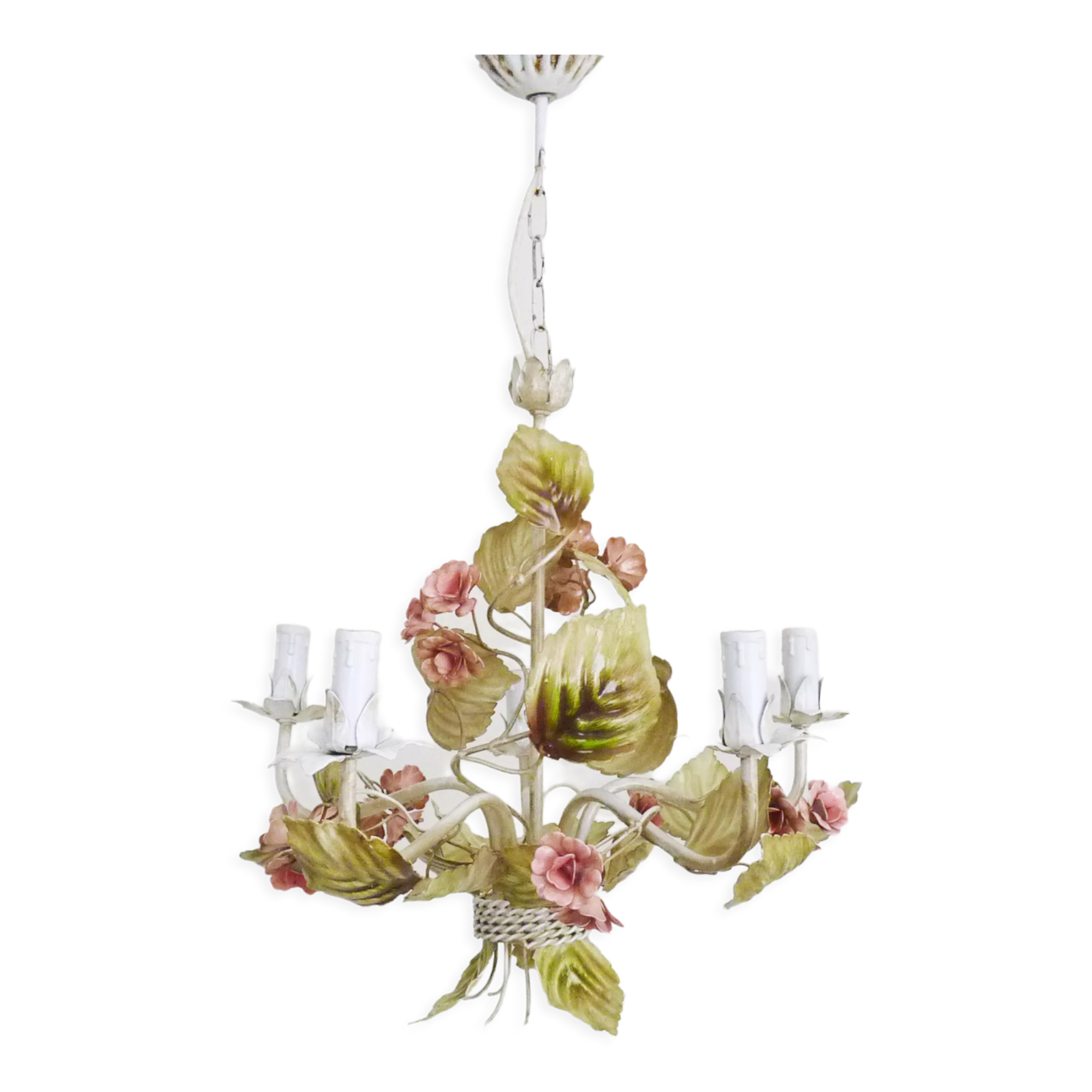 Painted metal chandelier decorated with pink and foliage with 5 lights. Year 80 90