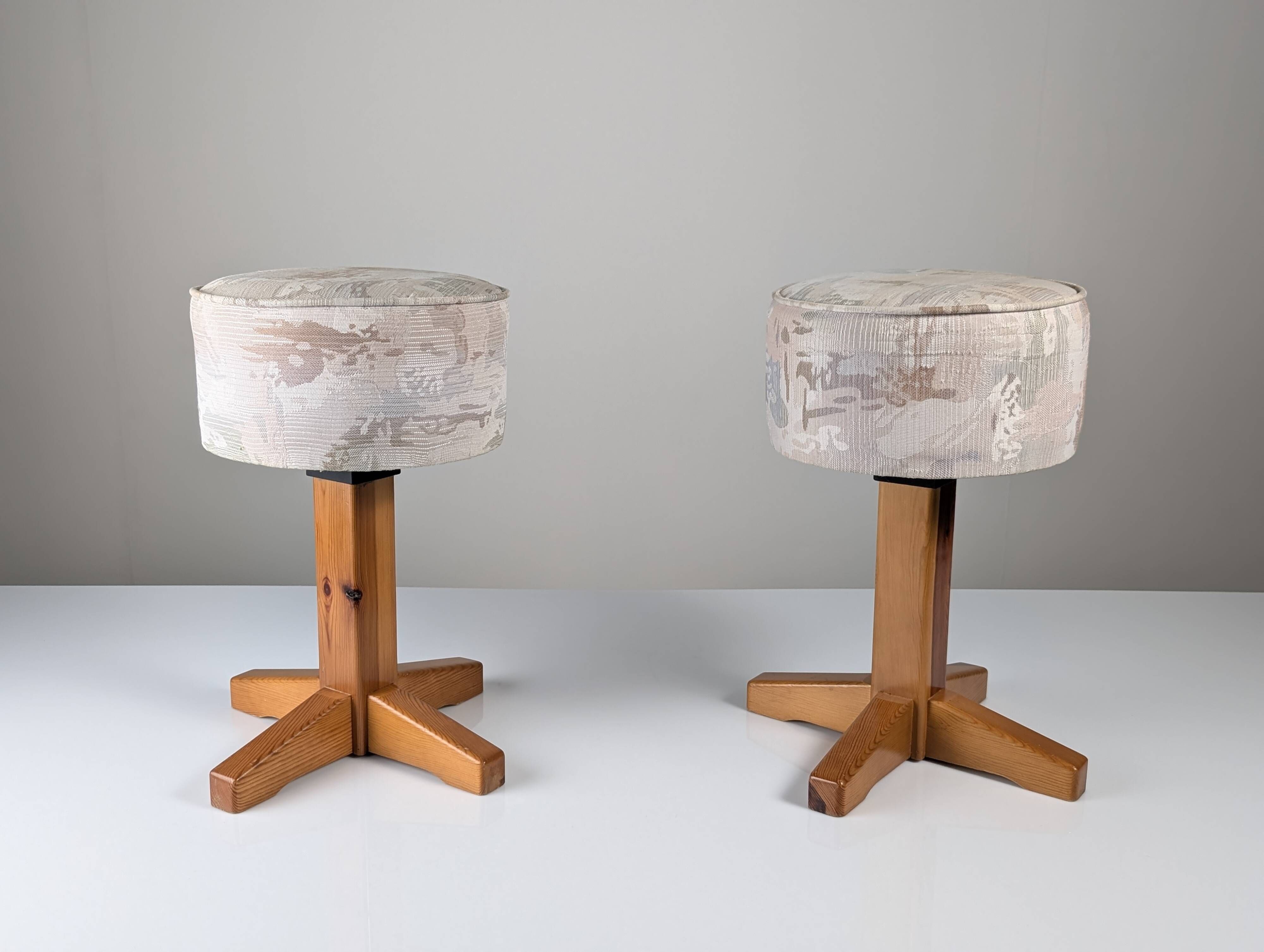 Pair of Scandinavian pine and fabric stools, 1980s